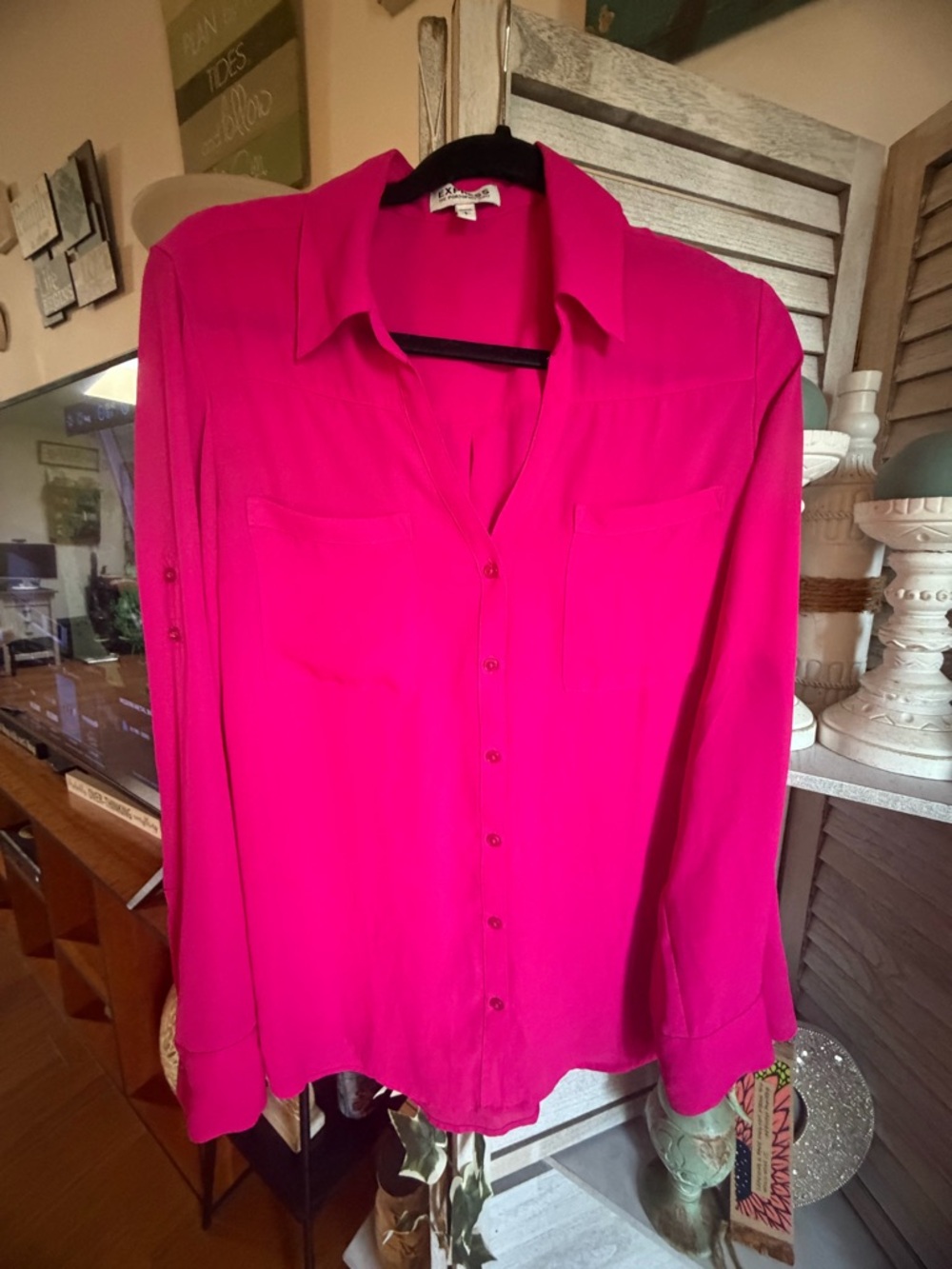 Express Vibrant Hot Pink Button-Down Blouse